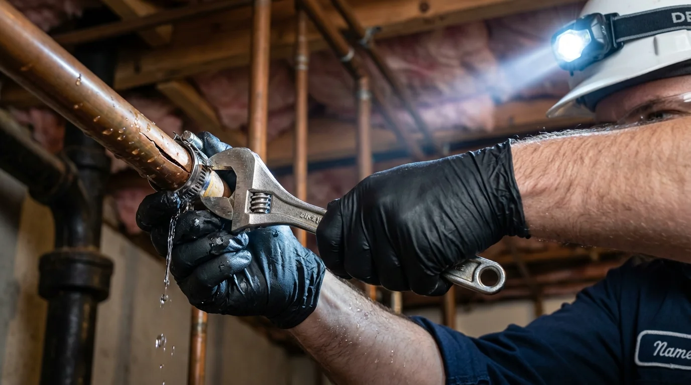 Emergency pipe clamp repair being performed by a Johns Plumbing LLC plumber in Cloquet