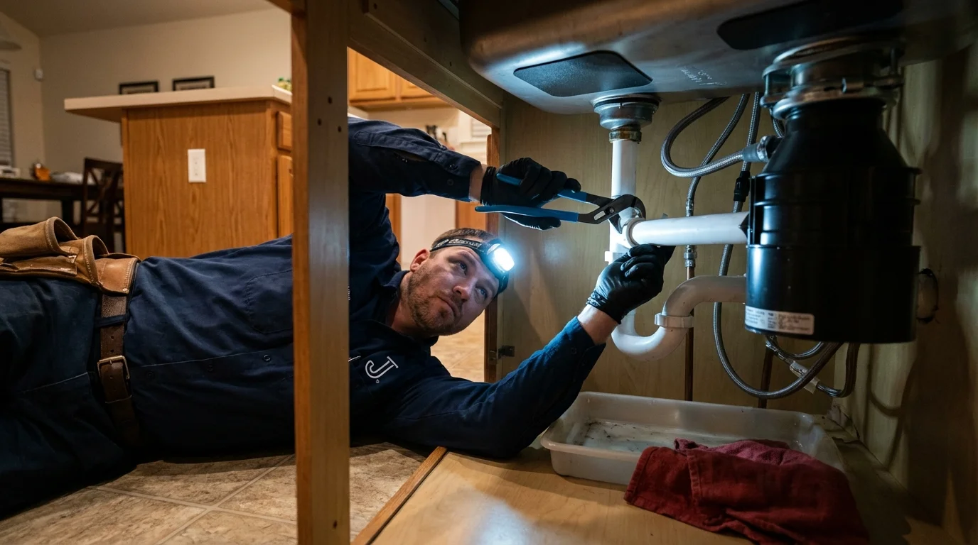 P-trap and supply line connections under a kitchen sink showing a common leak point in Cloquet, MN